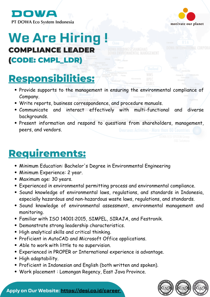 PT Dowa Eco System Indonesia perusahaan pengolah limbah terbesar di Indonesia membuka lowongan pekerjaan bagian Compliance leader
