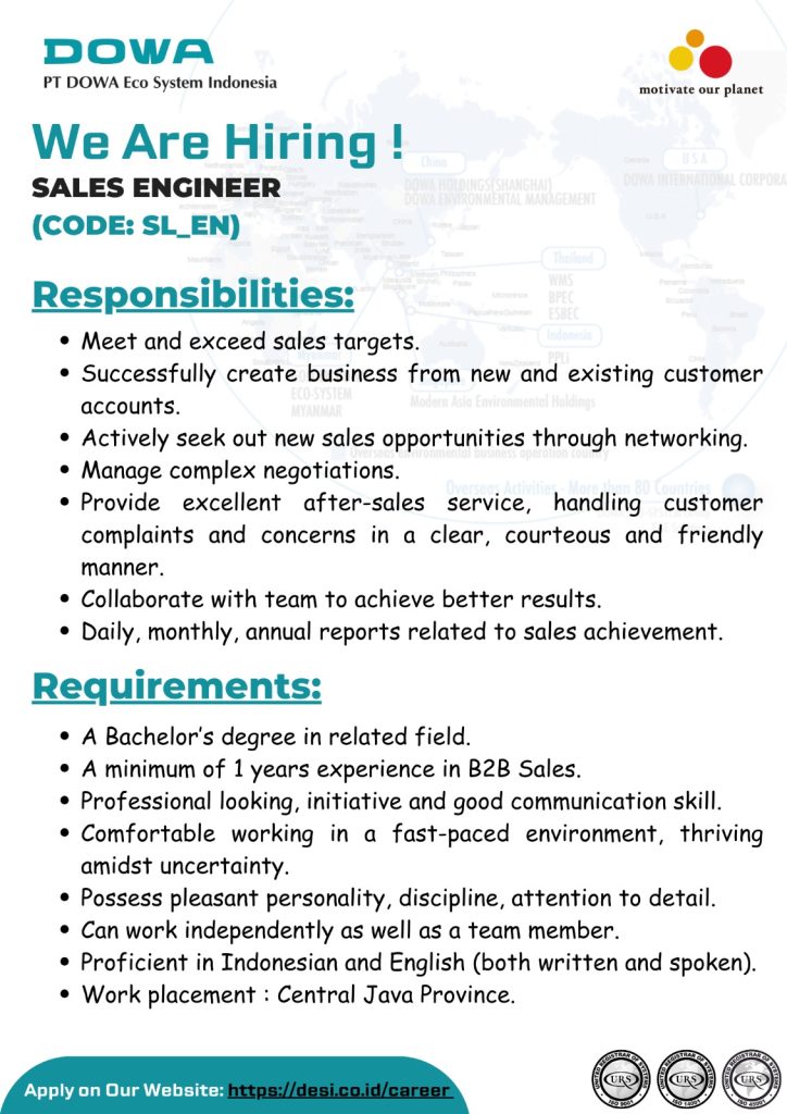 PT Dowa Eco System indonesia - PT DESI perusahaan pengolah limbah membuka lowongan pekerjaan sebagai sales enginer