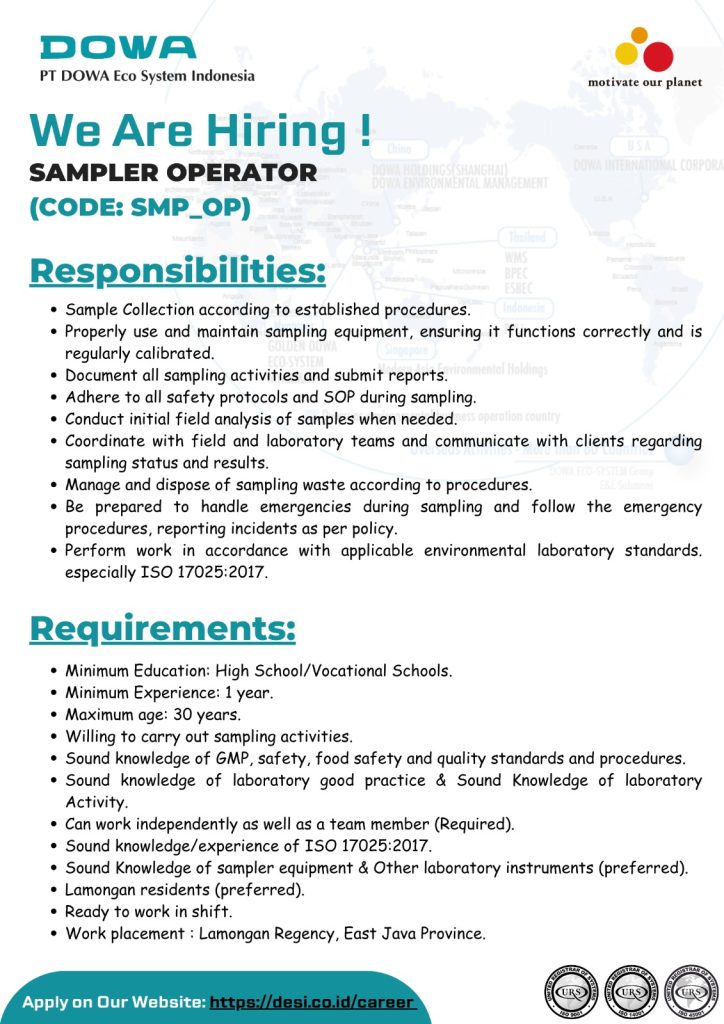 PT Dowa Eco System Indonesia Perusahaan jasa pengolahan limbah b3 dan non b3 terbesar lowongan pekerjaan sampler untuk lulusan SMK sederajat